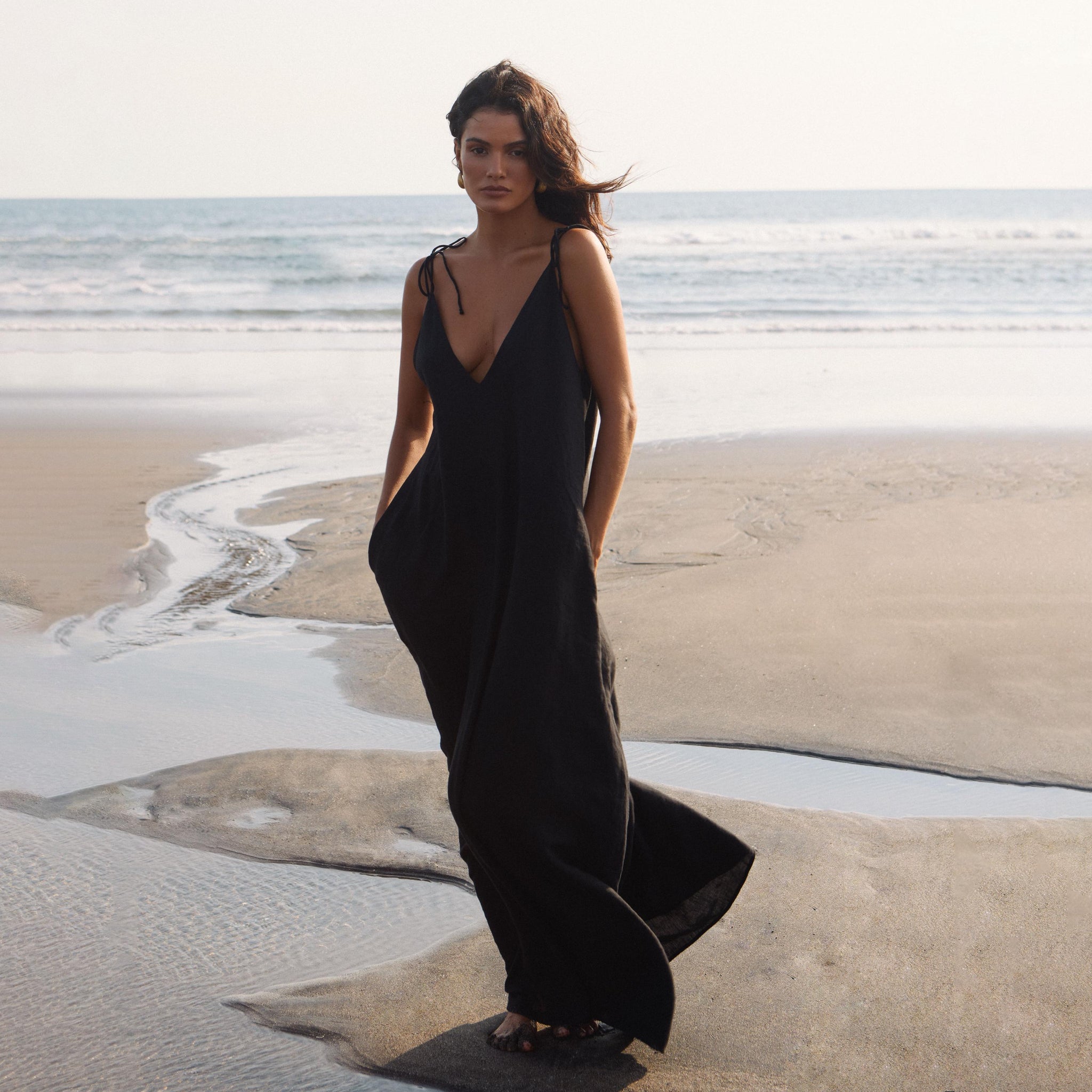 Women Organic Linen Midi Dress, Breathable Relaxed Fit
